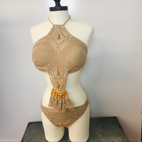 Crochet swimsuit with wood beads. - Picture 1 of 2